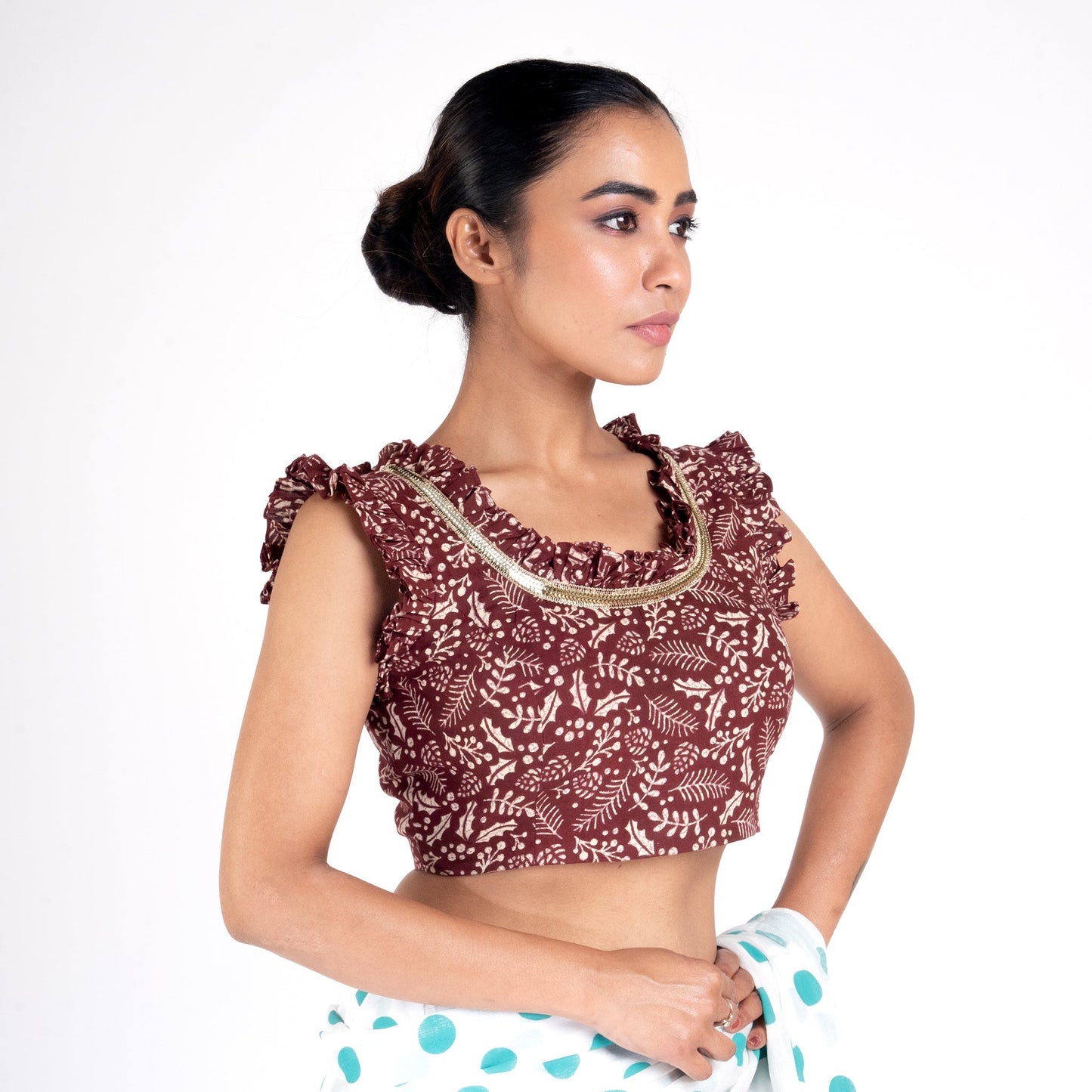 Women's Maroon Printed Cotton Padded Blouse With Ruffel And Back Dori