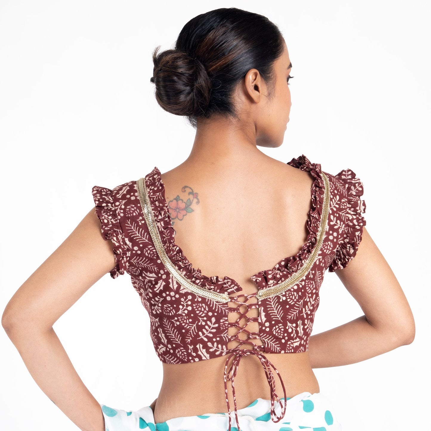 Women's Maroon Printed Cotton Padded Blouse With Ruffel And Back Dori