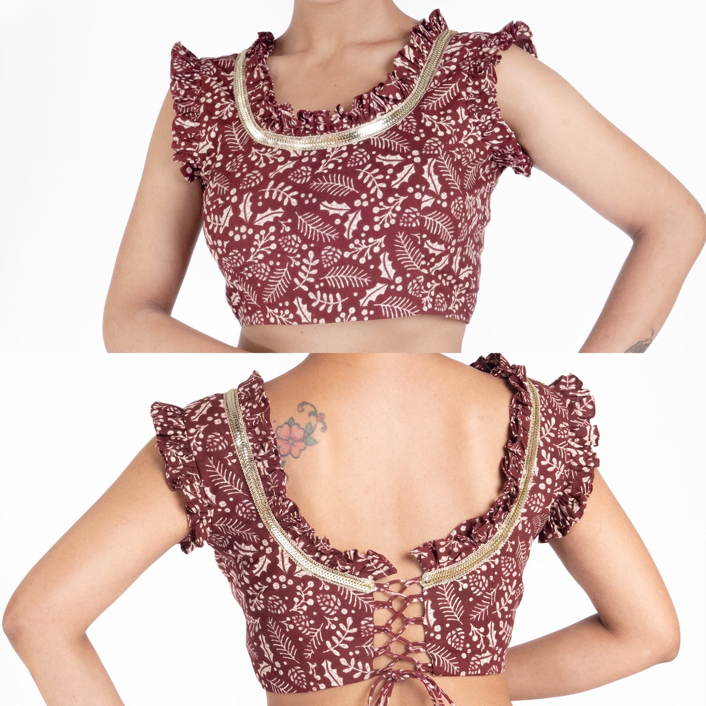 Women's Maroon Printed Cotton Padded Blouse With Ruffel And Back Dori