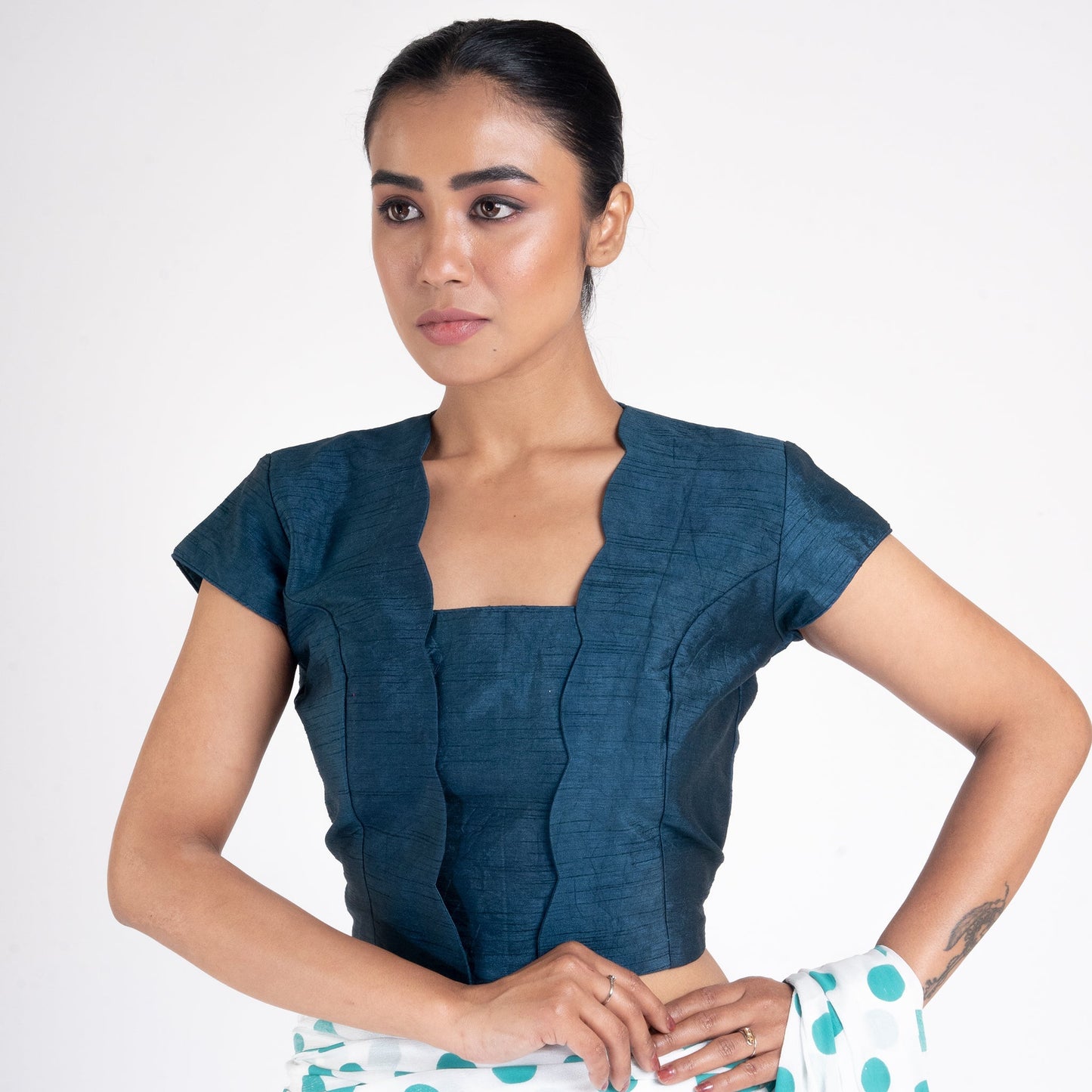 Women's Mid Night Blue Rawsilk Padded Blouse With Scallop Overlap Design