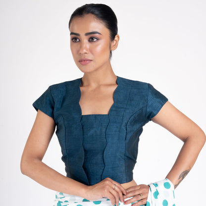 Women's Mid Night Blue Rawsilk Padded Blouse With Scallop Overlap Design