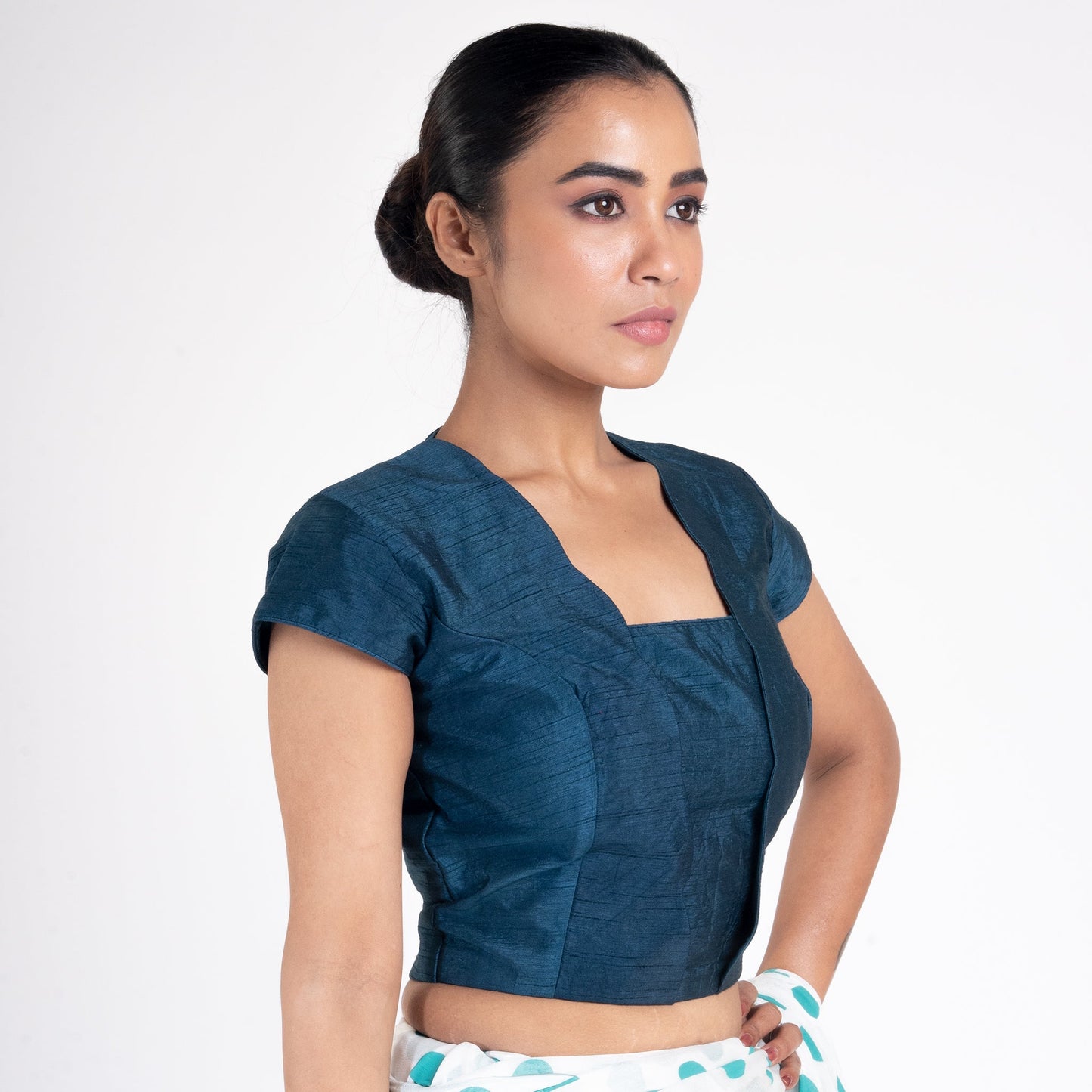 Women's Mid Night Blue Rawsilk Padded Blouse With Scallop Overlap Design