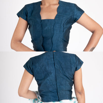 Women's Mid Night Blue Rawsilk Padded Blouse With Scallop Overlap Design