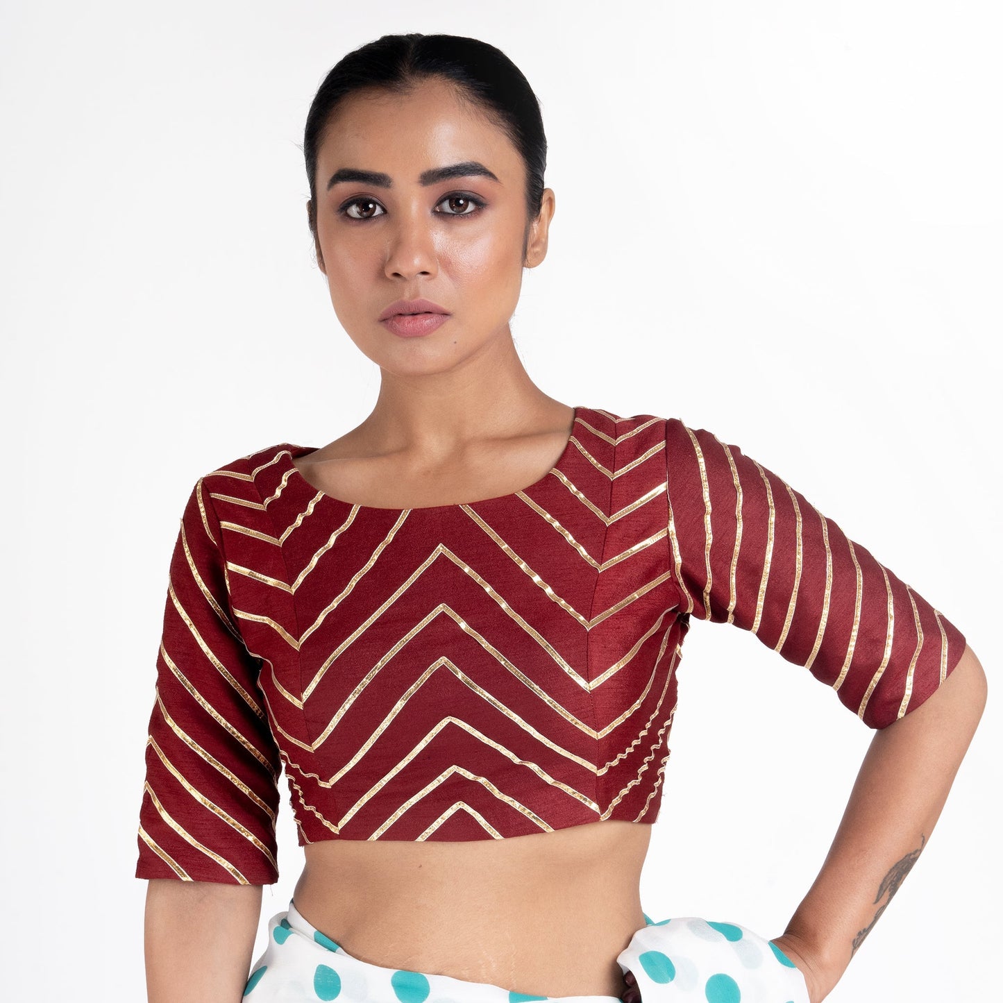 Women's Maroon Rawsilk Padded Blouse With Gota Work