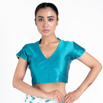 Women's Teal Raw Silk Padded Blouse With Back Overlap Design