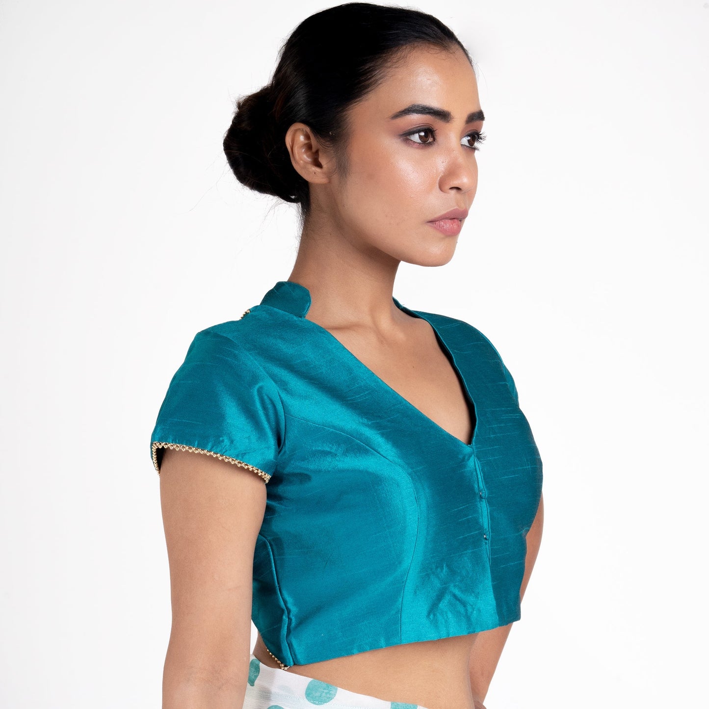 Women's Teal Raw Silk Padded Blouse With Back Overlap Design