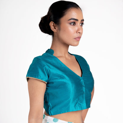 Women's Teal Raw Silk Padded Blouse With Back Overlap Design