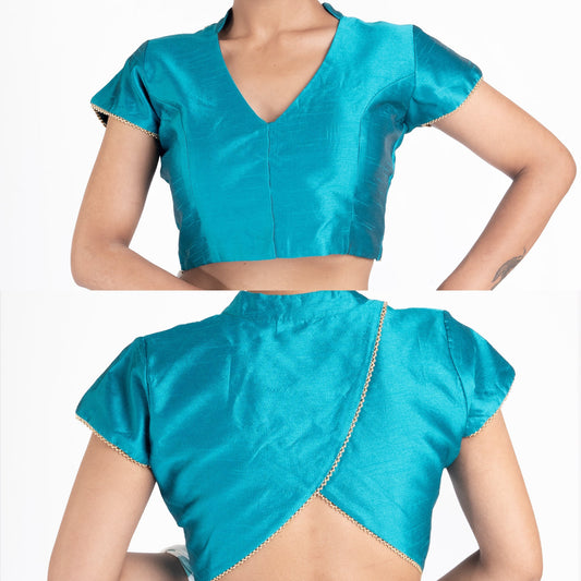 Women's Teal Raw Silk Padded Blouse With Back Overlap Design