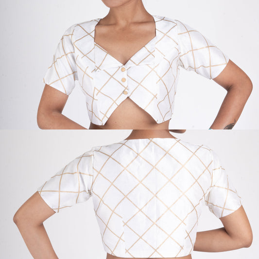 Women's Ivory Raw Silk Padded Blouse With Golden Checks And Front Button