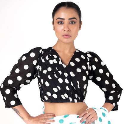 Women's Black Polka Dotted Front Side Pleadted Padded Chiffon Blouse