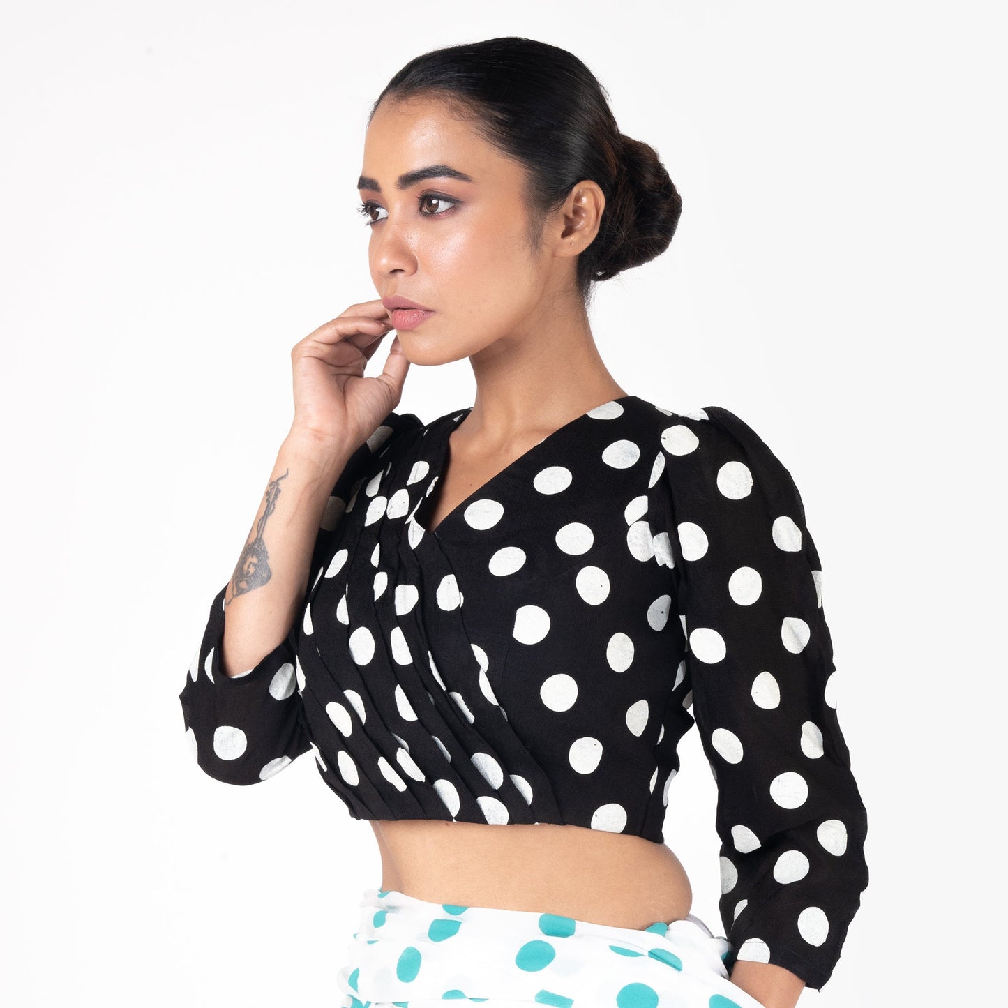 Women's Black Polka Dotted Front Side Pleadted Padded Chiffon Blouse