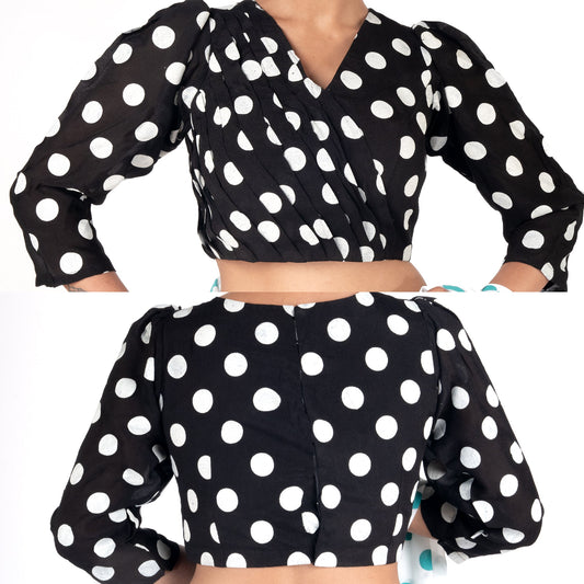 Women's Black Polka Dotted Front Side Pleadted Padded Chiffon Blouse