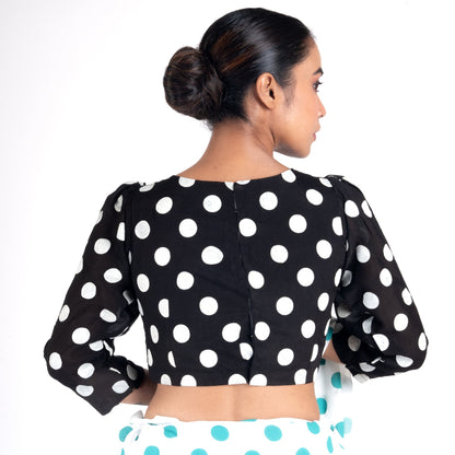 Women's Black Polka Dotted Front Side Pleadted Padded Chiffon Blouse