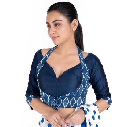 Women's Navy Blue Rawsilk Padded Blouse With Bagru Halter Design And Front Dori