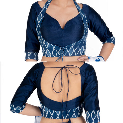 Women's Navy Blue Rawsilk Padded Blouse With Bagru Halter Design And Front Dori