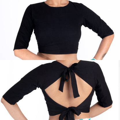 Women's Black Crepe Padded Blouse With Back Tie