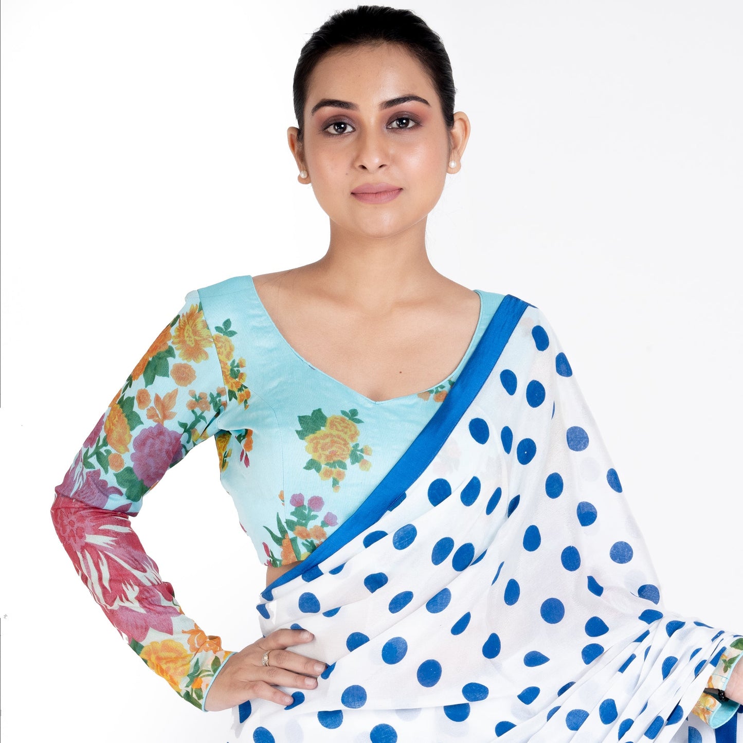 Women's Blue Printed Cotton Linen Padded Blouse With Full Sleeves