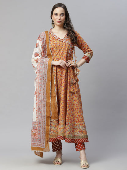 Women's Floral Printed Regular Pure Cotton Straight Kurta With Trousers  Dupatta