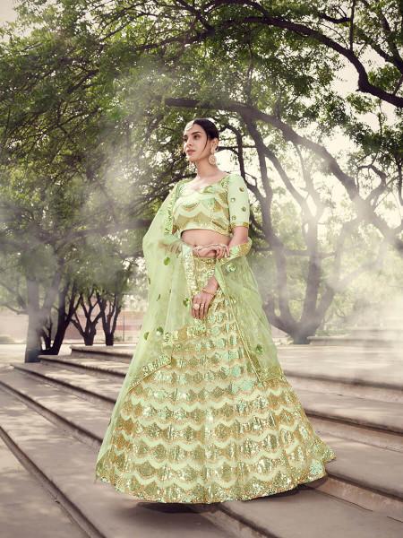 Women's  Pista Green Soft Net Heavy Embroidered Lehenga