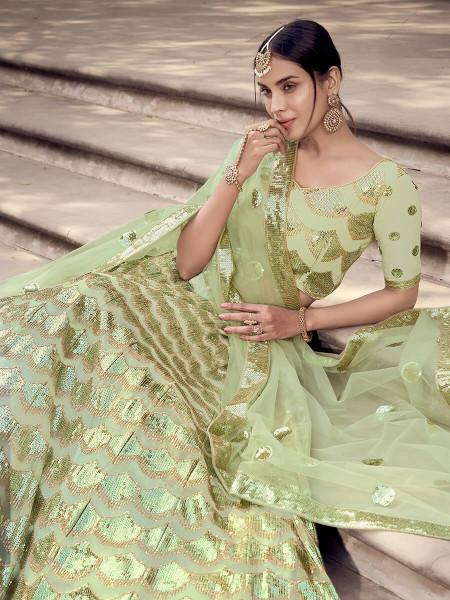 Women's  Pista Green Soft Net Heavy Embroidered Lehenga