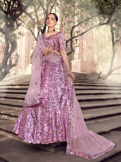 Women's  Lilac Soft Net Heavy Embroidered Lehenga