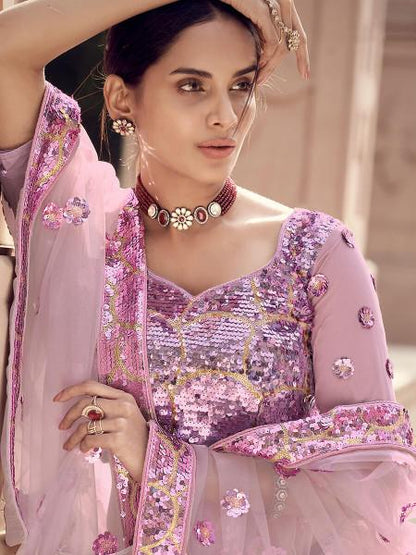 Women's  Lilac Soft Net Heavy Embroidered Lehenga