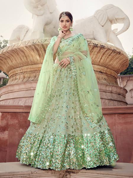 Women's  Pista Green Soft Net Heavy Embroidered Lehenga