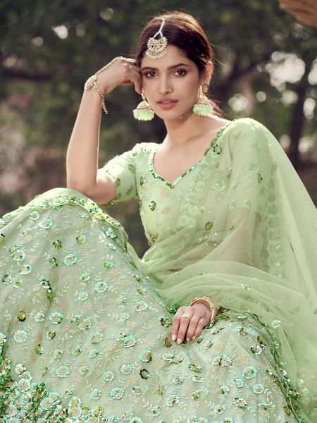 Women's  Pista Green Soft Net Heavy Embroidered Lehenga