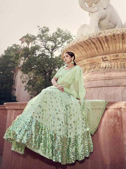 Women's  Pista Green Soft Net Heavy Embroidered Lehenga