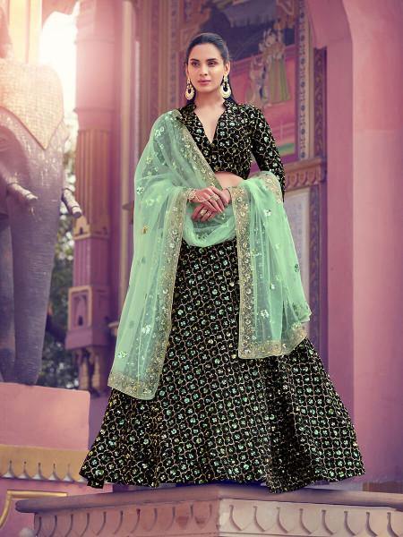 Women's  Black Heavy Embroidered Fur Lehenga