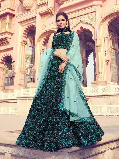 Women's  Black Heavy Embroidered Fur Lehenga