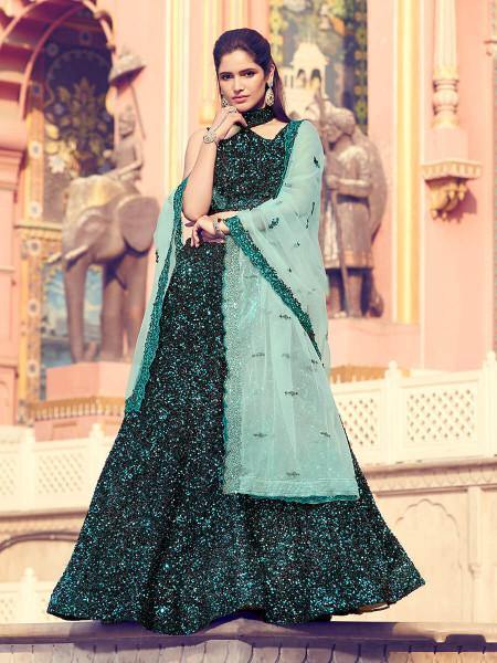 Women's  Black Heavy Embroidered Fur Lehenga