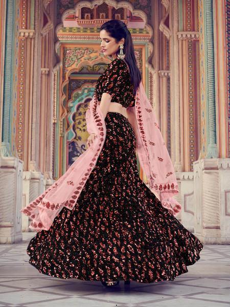 Women's  Black Heavy Embroidered Fur Lehenga