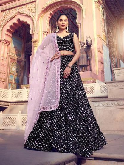 Women's  Black Heavy Embroidered Fur Lehenga