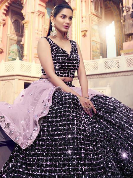 Women's  Black Heavy Embroidered Fur Lehenga