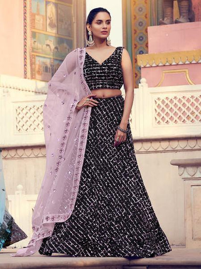 Women's  Black Heavy Embroidered Fur Lehenga