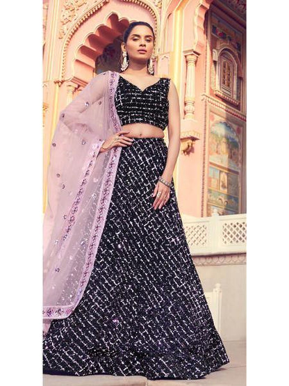 Women's  Black Heavy Embroidered Fur Lehenga