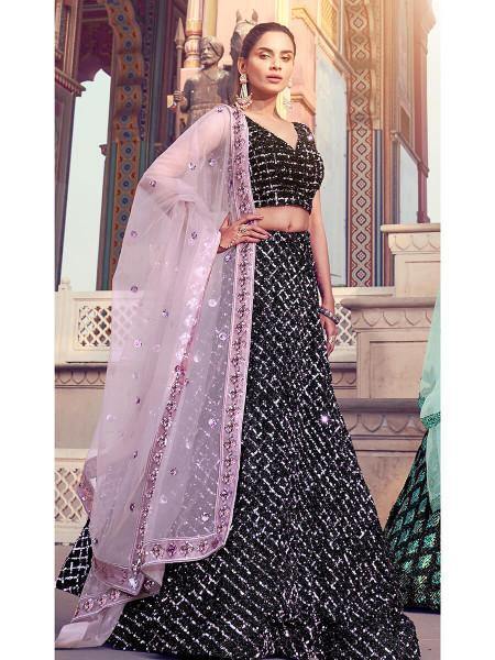 Women's  Black Heavy Embroidered Fur Lehenga