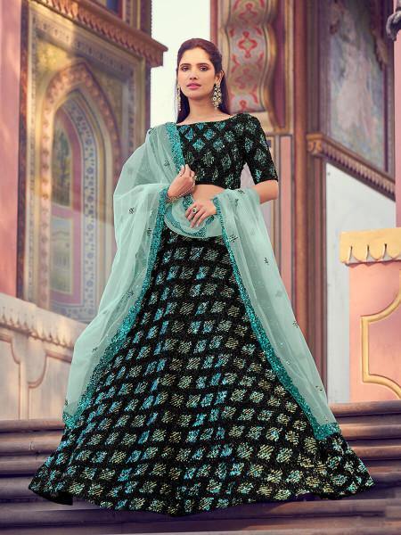 Women's  Black Heavy Embroidered Fur Lehenga