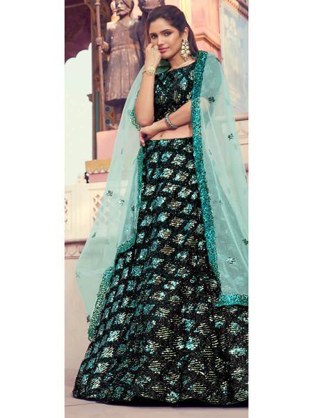 Women's  Black Heavy Embroidered Fur Lehenga