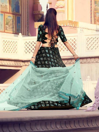 Women's  Black Heavy Embroidered Fur Lehenga