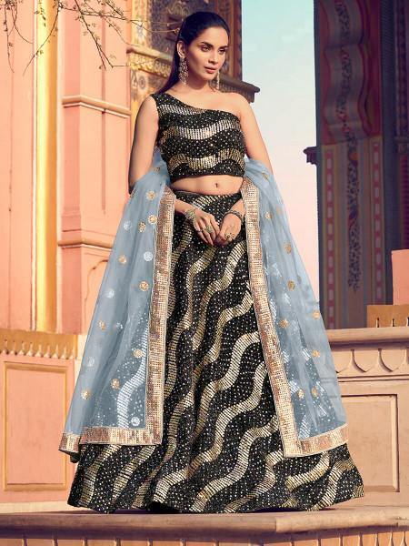 Women's  Black Heavy Embroidered Fur Lehenga