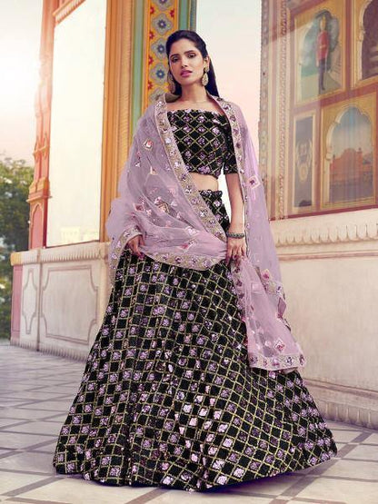 Women's  Black Heavy Embroidered Fur Lehenga