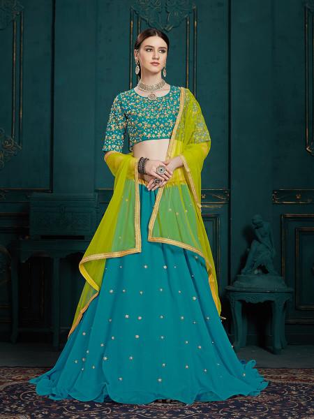 Women's  Peacock Blue Georgette Embroidered Lehenga