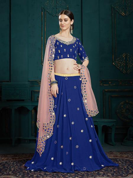 Women's  Navi Blue Georgette Embroidered Lehenga