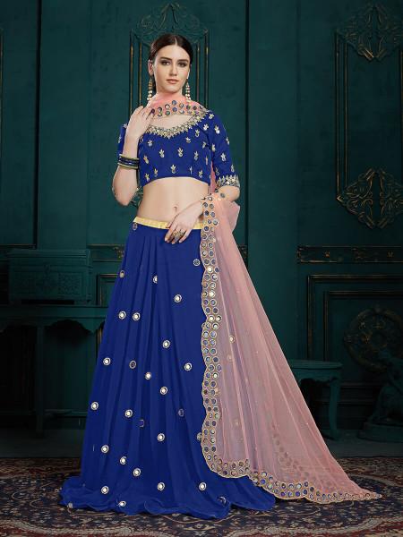 Women's  Navi Blue Georgette Embroidered Lehenga