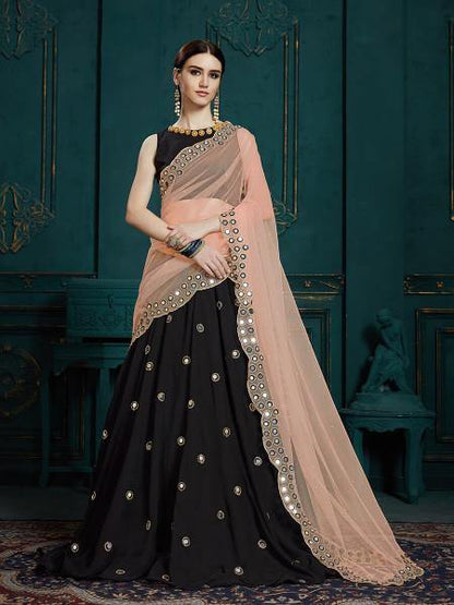 Women Black Georgette Embroidered Lehenga  (3pcs Set)