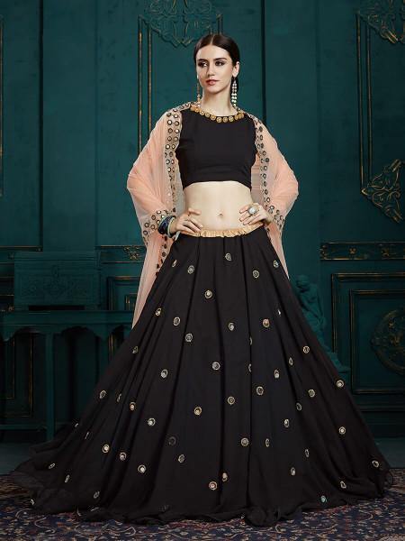 Women Black Georgette Embroidered Lehenga  (3pcs Set)