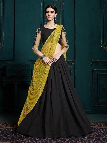 Women's  Black Georgette Embroidered Lehenga