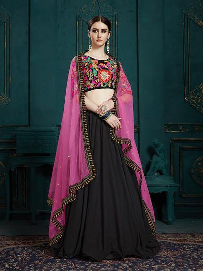 Women Black Embroidered Lehenga  (3pcs Set)